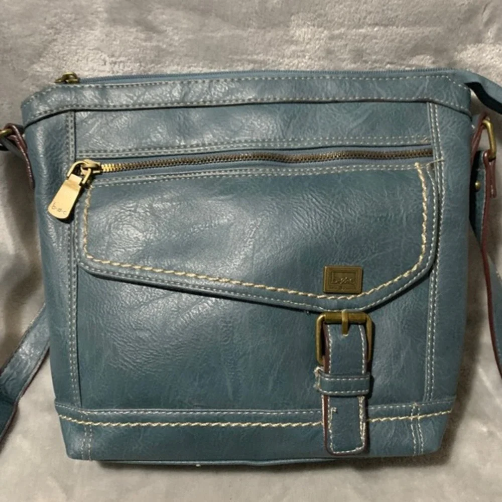 BOC Concepts Teal‎ Blue Faux Leather Crossbody Bag Adjustable Strap Zip Pockets